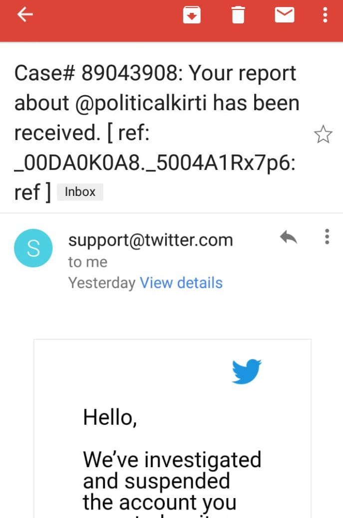 Case # 588
#RIH @politicalkirti 

Thank you @Twitter for suspending this hatriot's account, seconf time on our #TeamBB's report. 
We request paid abusive trolls not to use this platform for spitting venom to please their political masters & earn one rupee for one abuse.