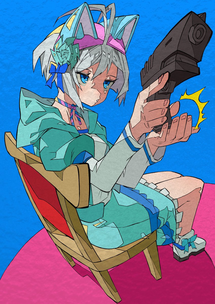 siro (dennou shoujo youtuber siro) 1girl solo gun sitting weapon blue eyes chair  illustration images