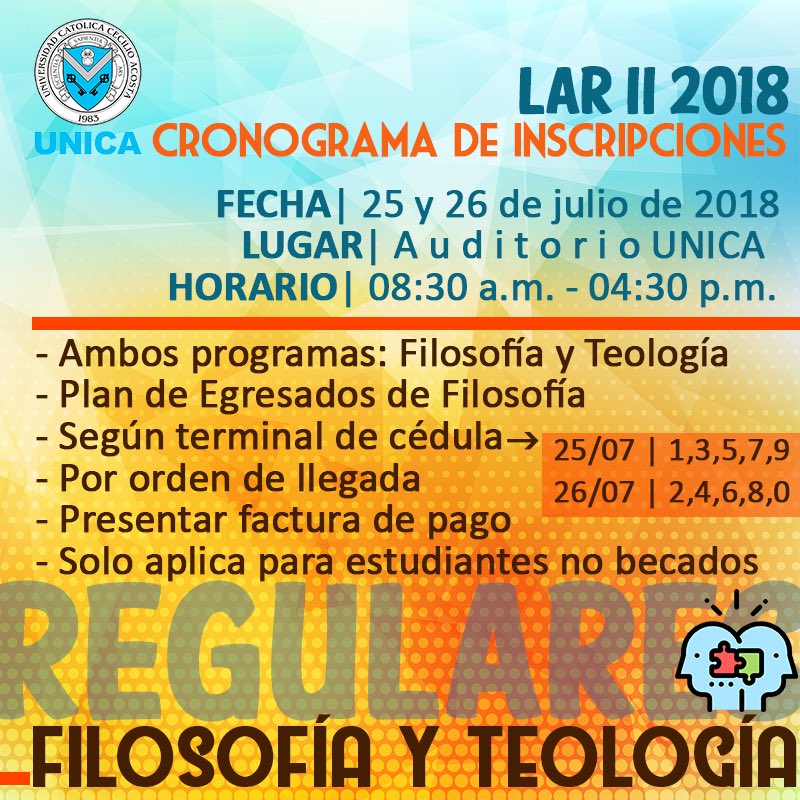 UNICAeduve's tweet photo. Este lunes 23/7 comienza a correr el ‘Cronograma de inscripción para estudiantes regulares LAR II 2018’ con turno para mejores promedios y pronto pago. Revisa aquí 👇 si te corresponde inscribirte esta semana. #GenteUNICA https://t.co/gR2WXJpIU3