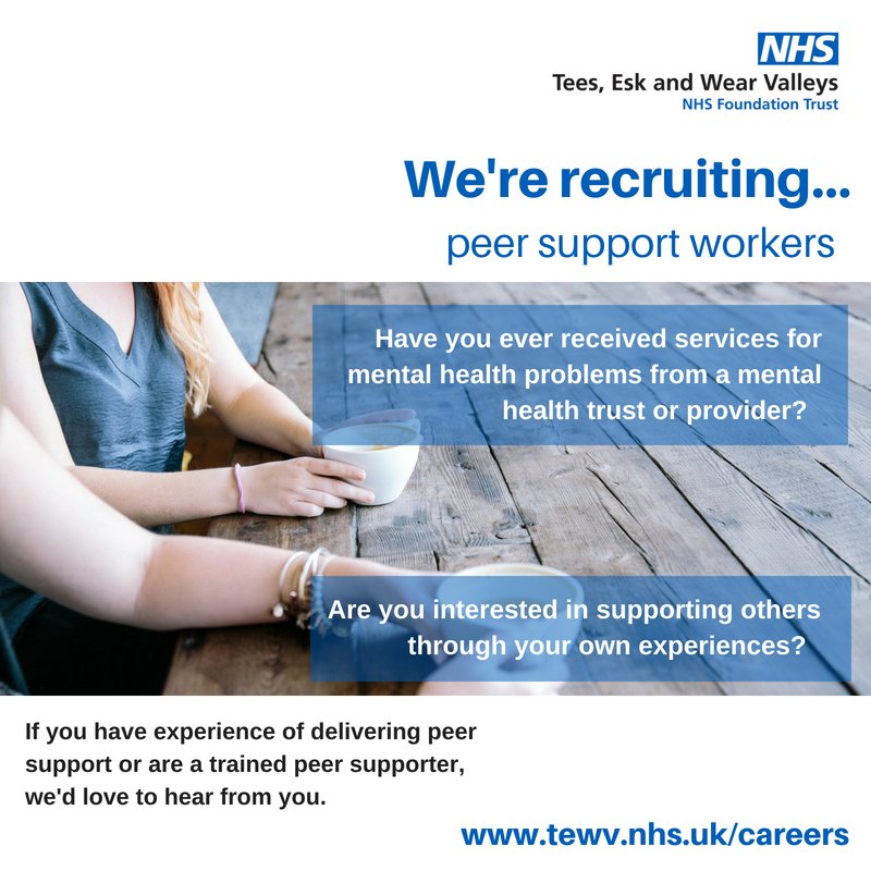 TEWV's tweet photo. Not long left! We're recruiting peer support workers to the Trust in #Teesside. If you've experience of delivering peer support we’d love to hear from you. https://t.co/gh6DCaNTB5 ref 346-TSA-70-18, 346-TSA-71-18 & 346-TSA-72–18 or search peer support. #TEWVPeerSupport #Teestime https://t.co/SQPjVqV7ak