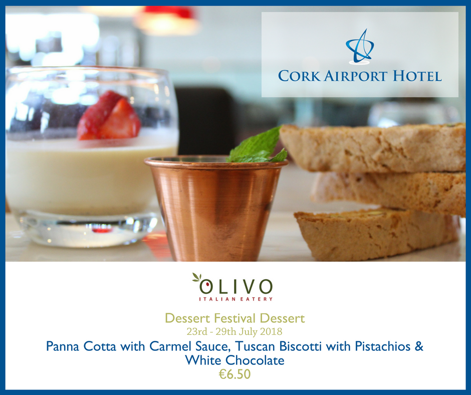 corkairhotel's tweet photo. Panna Cotta with Carmel Sauce, Tuscan Biscotti with Pistachios and White Chocolate is our #dessertFSTVL 2018 entry. It will be available from tomorrow in our Olivo Restaurant. #FSTVLR https://t.co/J0QUbUX7T3