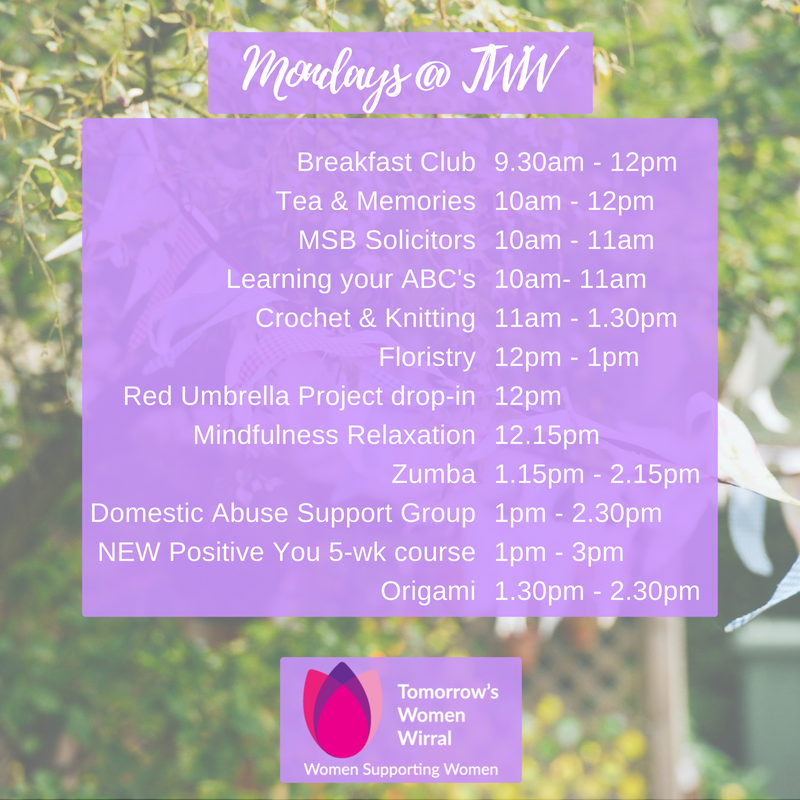 TomorrowsWomen's tweet photo. It's Monday but don't be blue as we have lots to do!! Such as a NEW 5-wk Positive you course, Zumba, Mindfulness relaxation & more... #letsstarttheweekright #beatingmondayblues @RedUmbrellaCL @ChangingLives__ @WirralCouncil @MSBSolicitors @StoopsShelly https://t.co/IEipr0iLt7