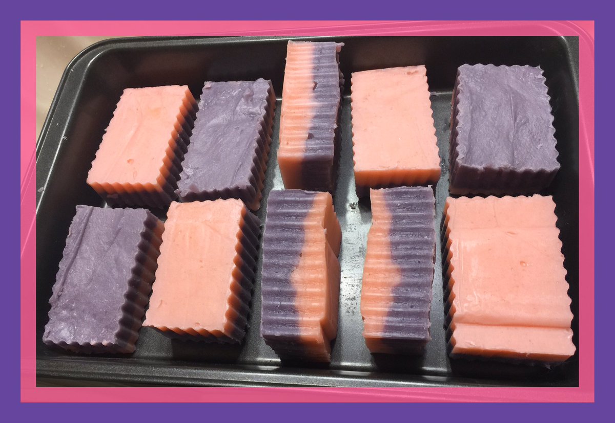 This is my third batch, it's a layered pink/purple avacado  caster, lard, olive &amp; coconut bar with orange/rosemary&amp;thieves scent. It's super soft! I think I used too much avocado oil, I guess I'll see in a free wks how it turns out!