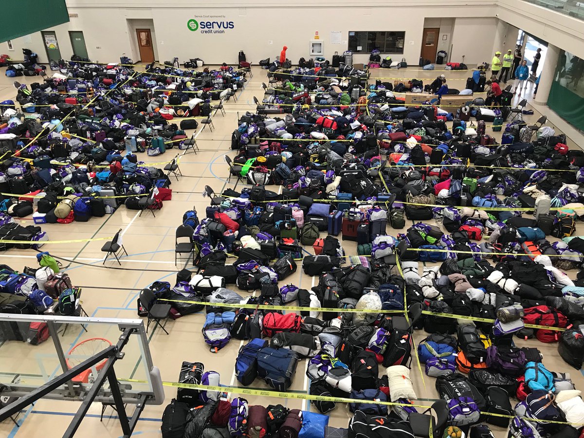 DSW_22's tweet photo. This is what 2000 athlete’s baggage looks like to head home from very successful 2018 Alberta Summer Games #2018asg #ABgames #ABsport @AlbertaSport_ @YYCNational https://t.co/w0Cv2kGdi3