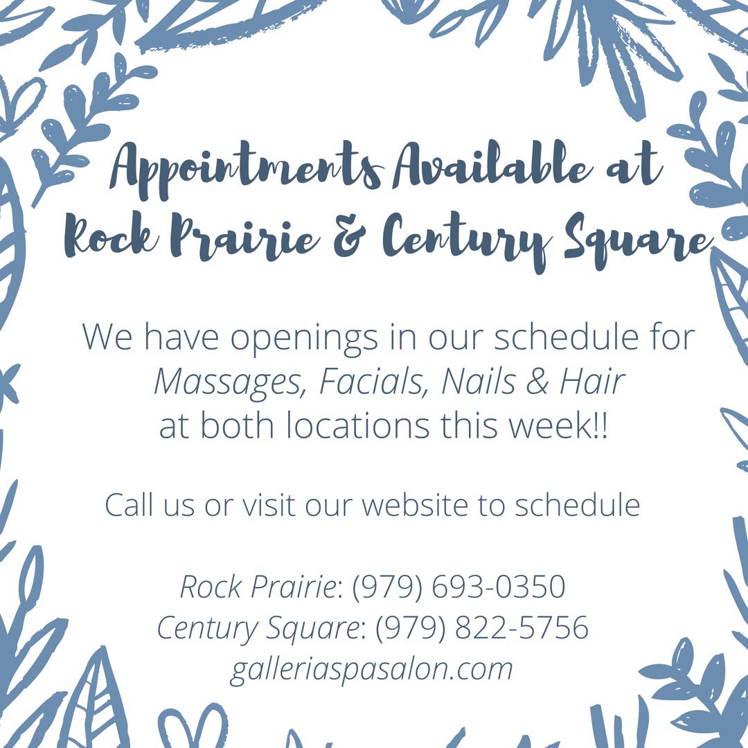 galleriassb's tweet photo. Needing a day of relaxation or have been dying to get a new hair style?! WE HAVE OPENINGS JUST FOR YOU!!!

Call one of our locations or visit our website to schedule your appointment this week!
•••
#galleriarockprairie #galleriacenturysquare #galleriassb https://t.co/d3t2fjuNWu
