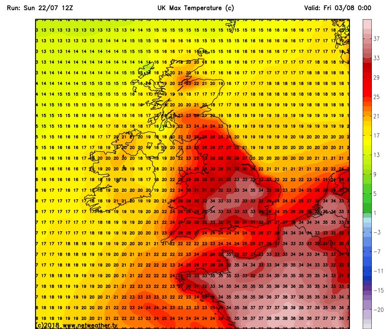 DerekTheWeather's tweet image. Too far ahead to be certain but the latest GFS model is going for some serious heat early August. 

Current #UK record is 38.5 Celsius 10th August 2003 in Faversham (Kent)
