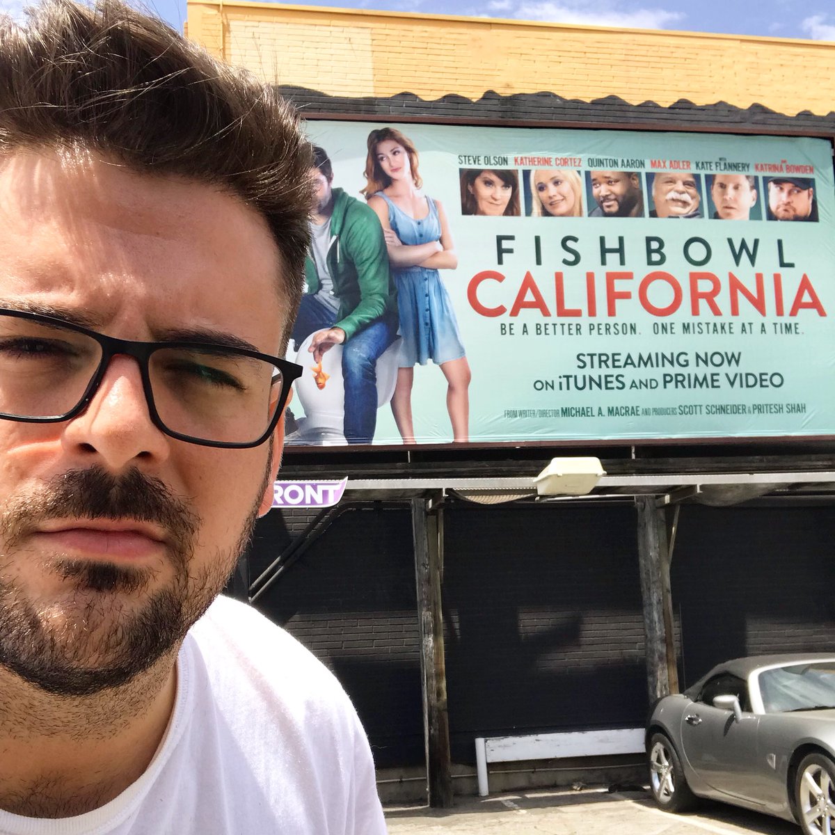 Announcing some big-ish news for my movie THIS WEEK. In the meantime here’s a pic of me in front of a billboard before they took it down forever 😭 #fishbowlcalifornia