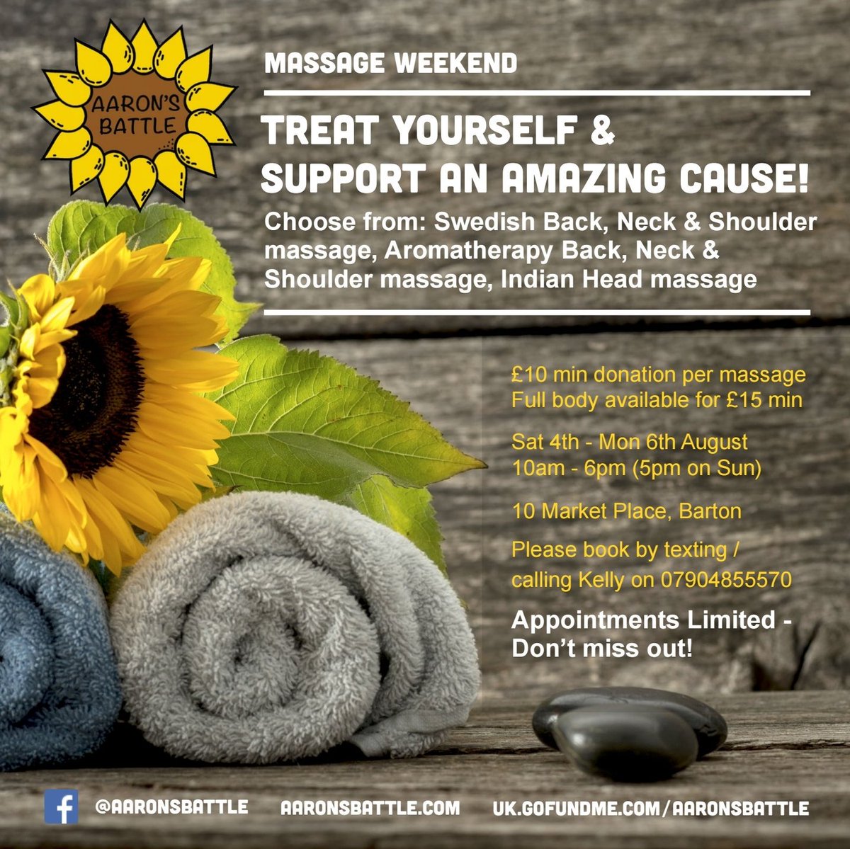 KellyRo95862210's tweet photo. Fancy a massage while raising funds for a good cause???@AaronsBattle https://t.co/gWjZFtiDuI