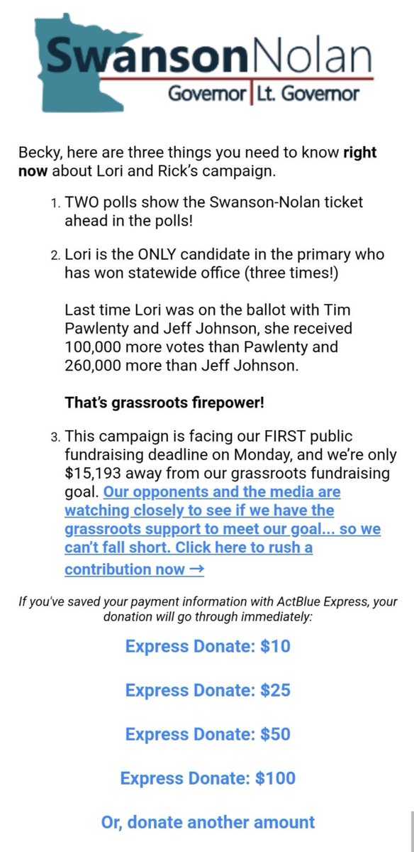 MakeHerWay's tweet image. Swanson | Nolan keep emailing for donations. I'd still be considering her for MN governor were it not for her Nolan problem. #DifferentTime