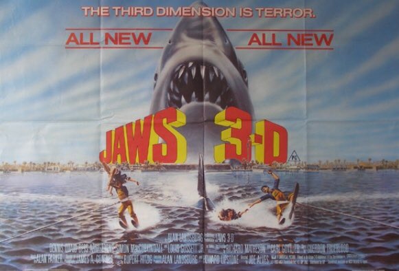 thedailyjaws's tweet photo. As #Jaws3DWeek ends - celebrating 35 years since the release of #Jaws3D - it seems almost perfect timing that it’s the start of #SharkWeek. #Jaws 3D is like Marmite, some love it, others hate it. Here’s our retrospective review
https://t.co/8Ns2NKbMFX https://t.co/LznCxJjDll