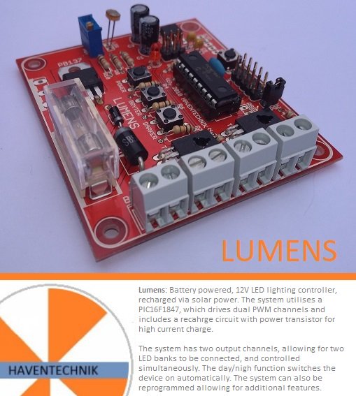 HavenTechnik's tweet photo. Lumens: PIC16F1847 drives a Battery powered, 12V LED lighting controller, recharged via solar power. Includes a host of additional features allowing for reconfiguration of the system for specific applications @tindie #MicrochipTech #MicrochipMakes https://t.co/oVngYsMyoD https://t.co/VZtJjA8Ys9