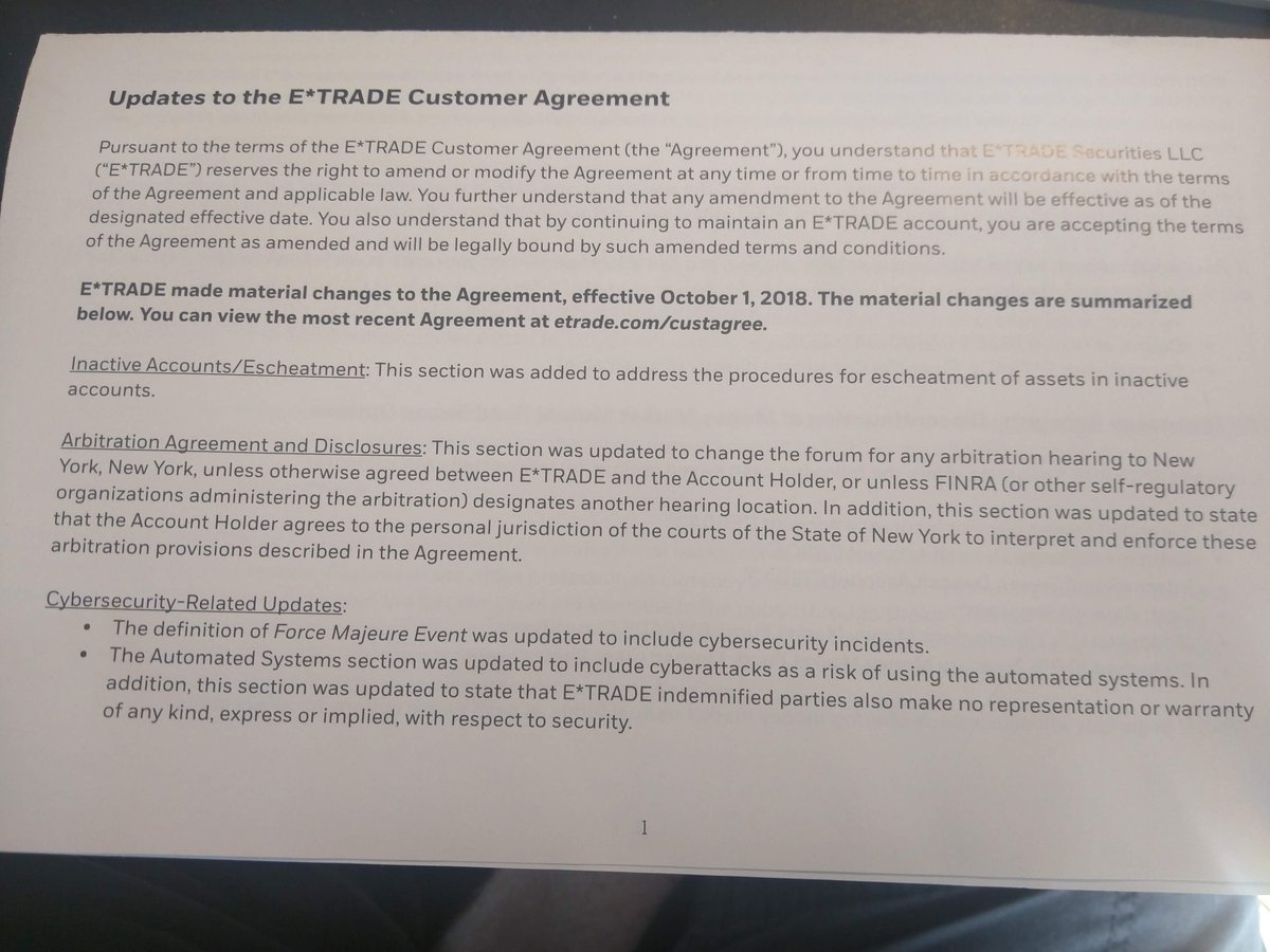 netwelders's tweet photo. Brokerages like @etrade are now changing their contracts to absolve themselves of all liability for cybersecurity events. This is terrible, and creates all the wrong incentives.  Hey @ftc  @cfpb @NewYork_SEC and @NewYorkStateAG what are you doing about this?! https://t.co/Q0CBCPfedy
