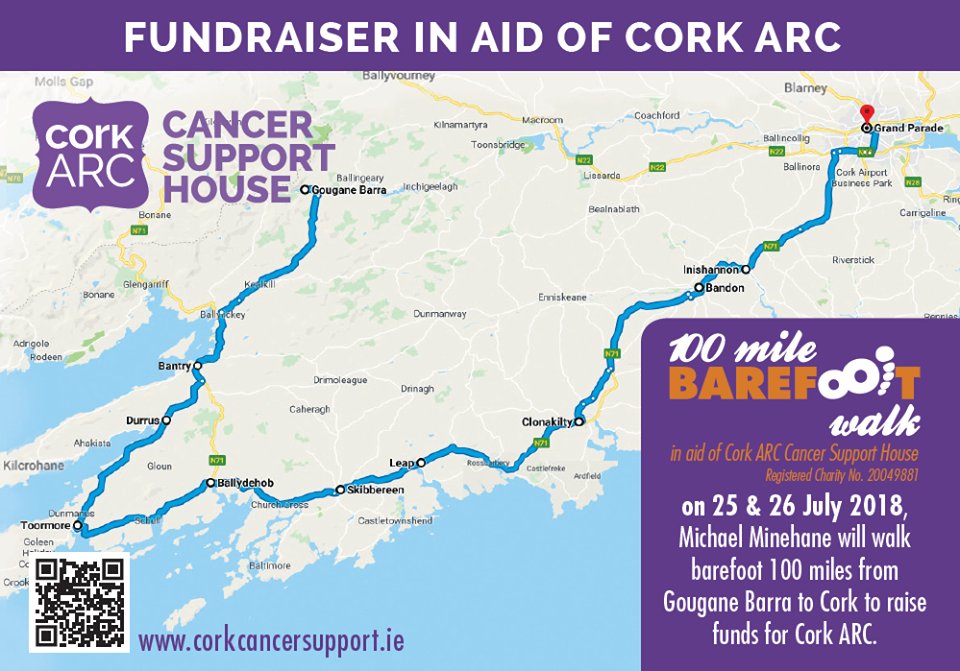 CorkARCcancer's tweet image. Michael Minehane's #100MileBarefootWalk in aid of @CorkARCcancer Bantry will take him from #GouganeBarra via Schull &amp;amp; Ballydehob and back to Cork city! Make each step count for Michael and #CorkARCBantry and give generously at corkcancersupport.ie