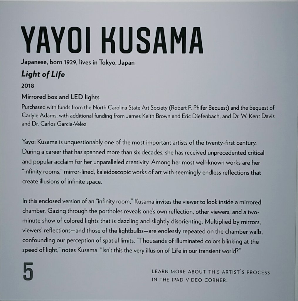 AFunderburkArt's tweet photo. Exciting to see a Yayoi #Kusama Infinity Room installation in person last night at the @ncartmuseum,
in the extraordinary exhibit You Are Here: Light, Color, and Sound Experiences #NCMAhere! At first the queue was an hour, but we only waited 20 minutes. Light of Life, 2018 #art https://t.co/PL1zYTX72I