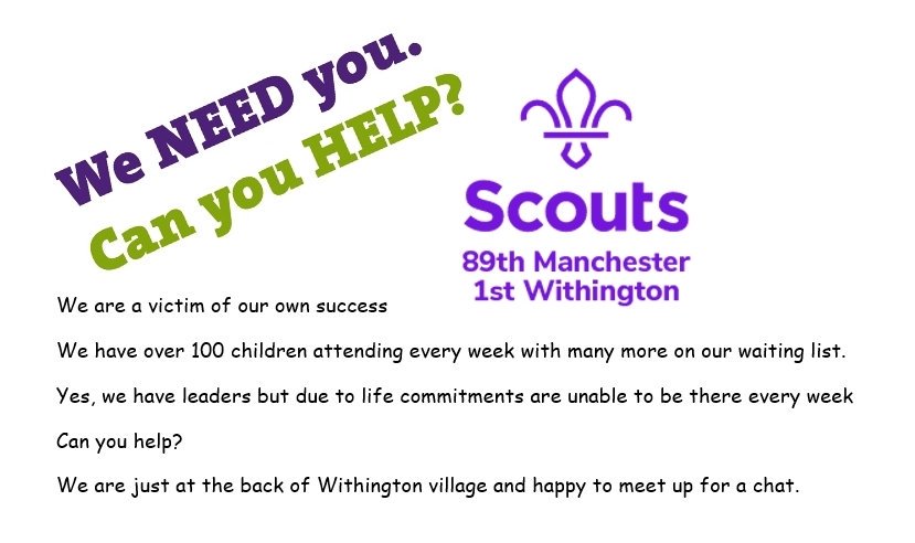 WithingtonScout's tweet photo. @MCCWithington Hi

Beavers 6-8 year olds Tues 6.05 -7.40pm
Cubs 8-10 1/2 year old
6.30-8.30pm weds/thurs
Scouts 10 1/2 -14 years old
Mond 6.45-9.15pm 
Explorers 14-18 year old
Tues 7.30-9.45pm

Interested 
Come along for a chat on Wednesday 25th July at 6.15pm 

No commitment https://t.co/BMctEkLY1N