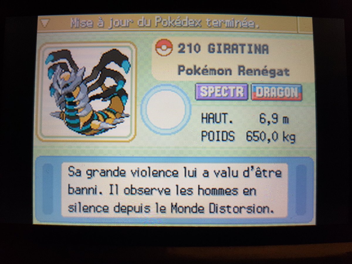 electra_game's tweet photo. "Maître du Monde Distorsion"
🌟Giratina shiny🌟 en 5004 reset sur Platine. Capture tendu j'avais pas prévu de le shasser du coup je n'avais que 17 hyperball et après les avoir toute utilisé pas le choix je l'ai  eu à la masterball. 
#pokemonshiny #shinyhunting #giratinaplatine https://t.co/wsTKo5PIx9