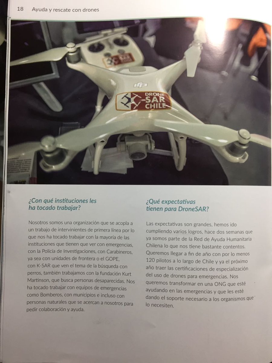 DroneSARChile's tweet photo. Gracias @RevistaDroneCL por contar los sueños de @DroneSARChile, seguimos promoviendo que los drones salvan vidas en la respuesta a Emergencias y Ayuda Humanitaria. @DJIEnterprise @zipline @DroneSAR_Pilot @SaveSarah_app @FLYMOTIONmedia @WeRobotics #DronesForGood #Drone4Rescue https://t.co/twjbQNQcci