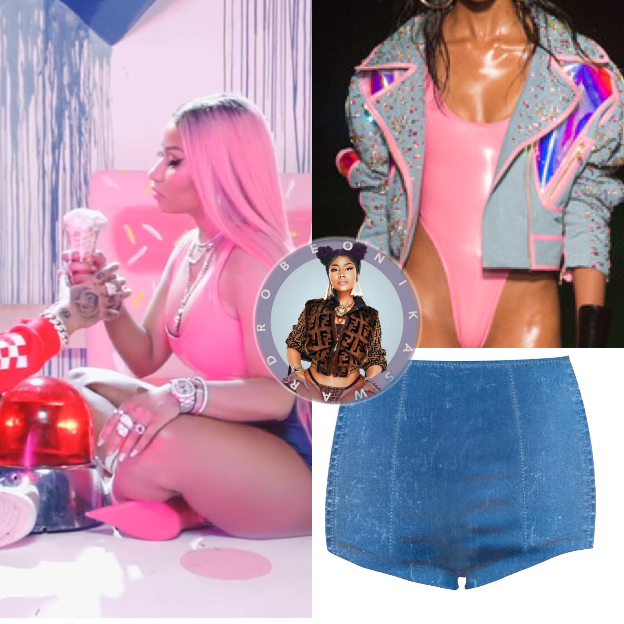 ♏️Onika's Wardrobe™ on X: .@NICKIMINAJ wore a bodysuit by @TheBlondsNY,  @MurmurClothing denim shorts (similar) and @BALENCIAGA heels.