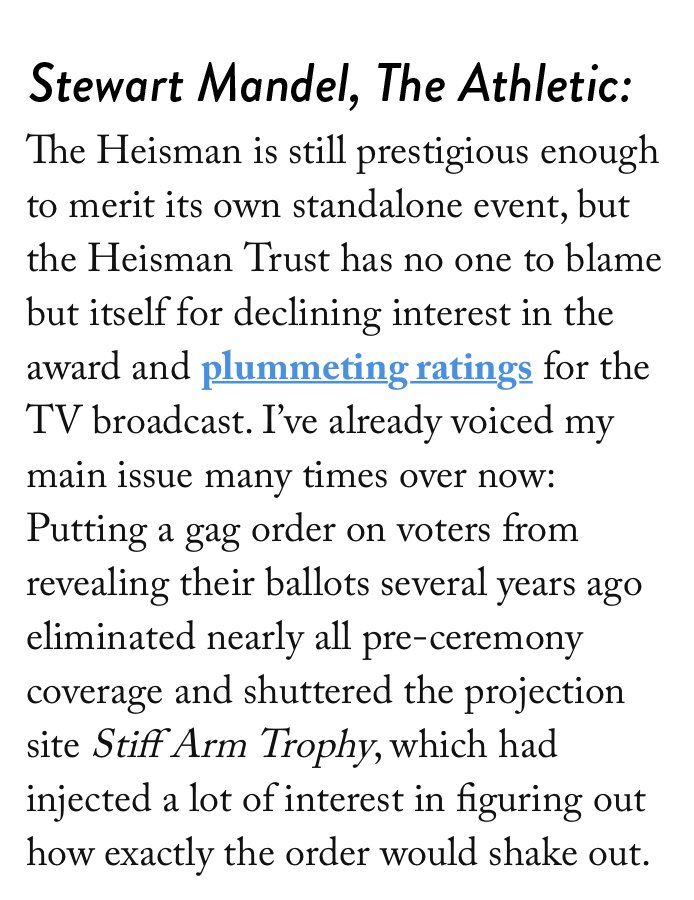 stiffarmtrophy's tweet photo. Big thanks to @slmandel for the shoutout in his @TheAthleticCFB mailbag. We miss doing the Stiff Arm Trophy project -- and completely agree that the @HeismanTrophy Trust has no one but itself to blame. https://t.co/W5jXjBY4yt