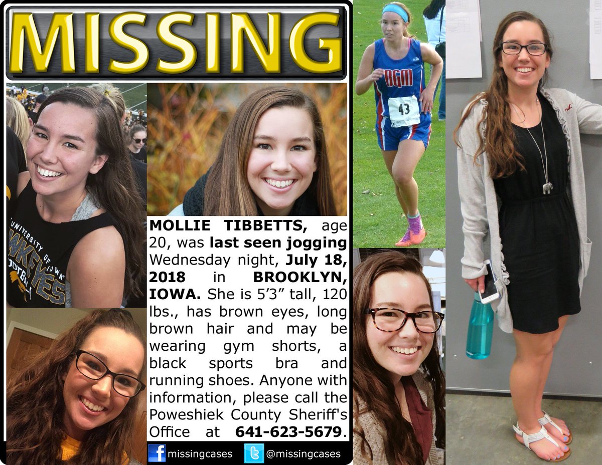 MissingCases's tweet photo. RT #BringMollieHome Mollie Tibbetts #UIowa student disappears while #jogging in #Brooklyn #Iowa July 18, 2018 Call the Poweshiek County Sheriff's Office at 641.623.5679 with any info #Hawkeyes #IowaHawkeyes #IA #FindingMollieTibbetts #IowaStrong #HawkeyeNation #Cyclones #RAGBRAI https://t.co/9SmT2bEtXL