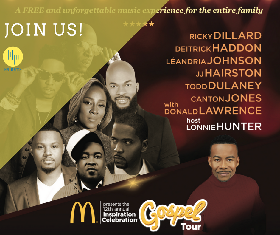 HelloPitchAgncy's tweet photo. Join us 7 p.m., Friday, August 31, at Potter's House for McDonald's Inspirational Gospel Celebration. FREE tickets will be available online Aug 3rd or at local retail outlets (to be announced on August 3). #HelloPitch #365BLACK #McDonalds #BMOANTX https://t.co/YgCUErXBPE
