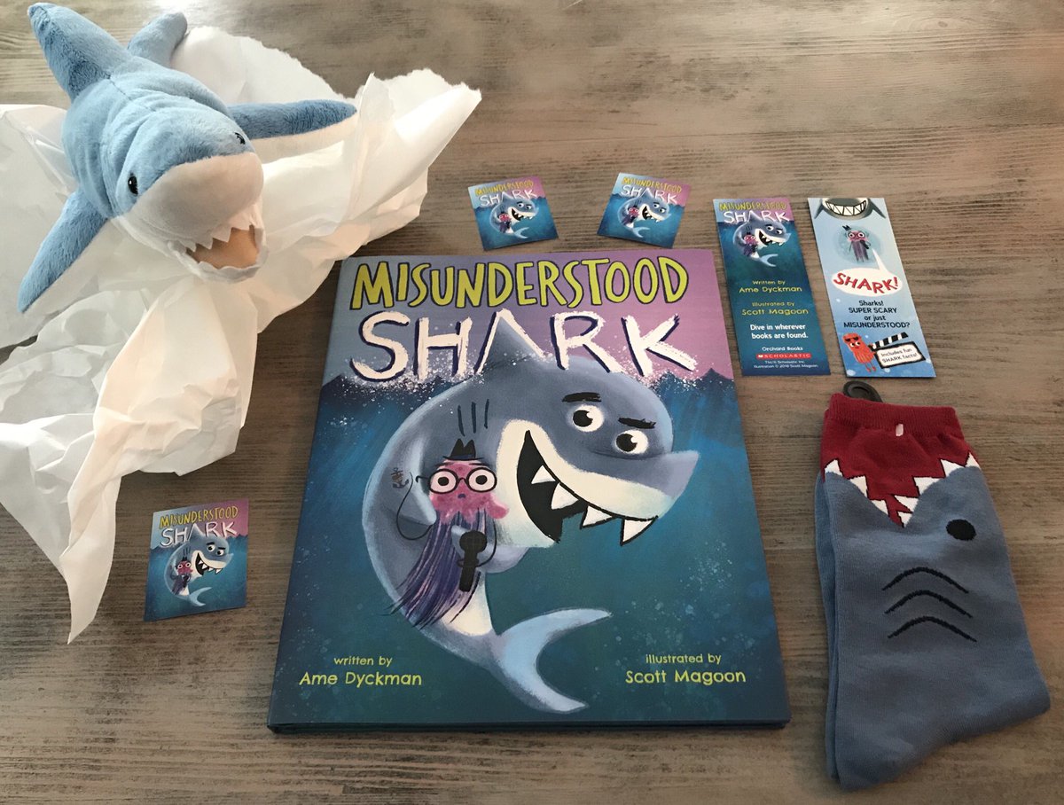 AmeDyckman's tweet photo. ⭐️SHARK WEEK #GIVEAWAY!⭐️ JUST RT to enter to win:

A signed copy of #MisunderstoodShark! 

A pair of 🦈 socks!

A 🦈 you CAN cuddle! (😂!)

Bookmarks &amp; stickers, too! One winner picked at random MON, 7/30, 10 PM EDT!

DIVE INTO #SharkWeek! 😄❤️🦈! #MisunderstoodSharkWeek https://t.co/FzpIenVLQc