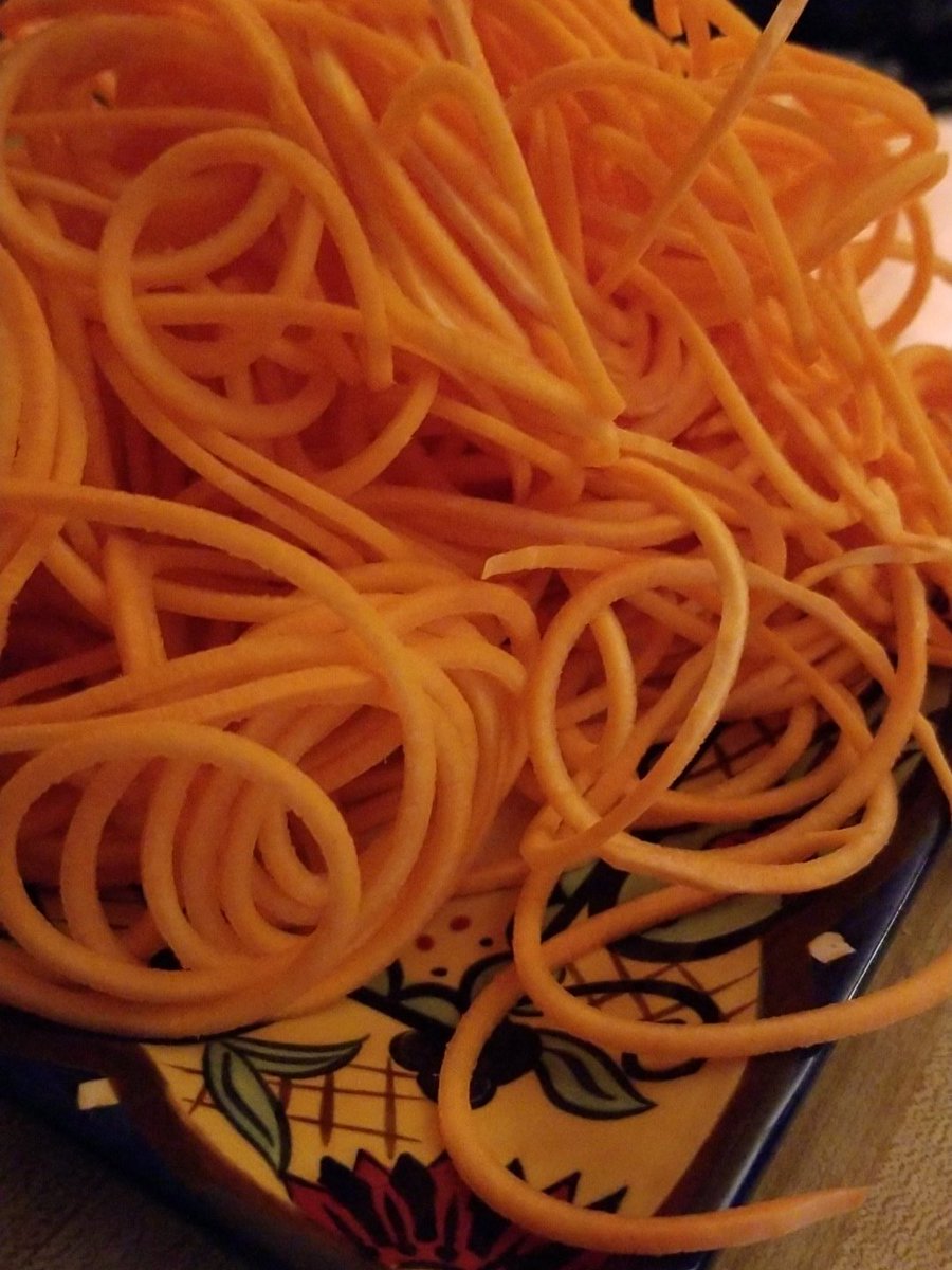 I'm trying to tweet more. So here are some sweet potato noodles I will shortly eat for dinner. #swoodles #spiralizer