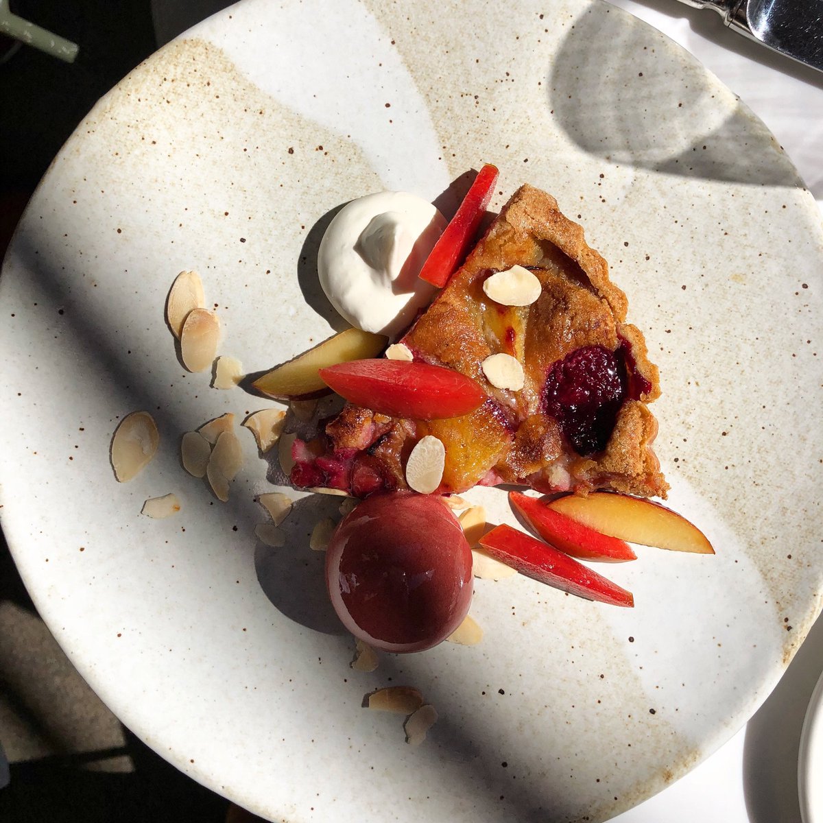 LucquesLA's tweet photo. Plum and brown butter tart Γ la 2007 with mascarpone, toasted almonds and plum sorbet by @breanneabanana For The Real OGs Dinner tonight! #lucques20 #20thanniversary #realogs @SuzanneGoin @styneonwine https://t.co/2Jr3wBxr5w