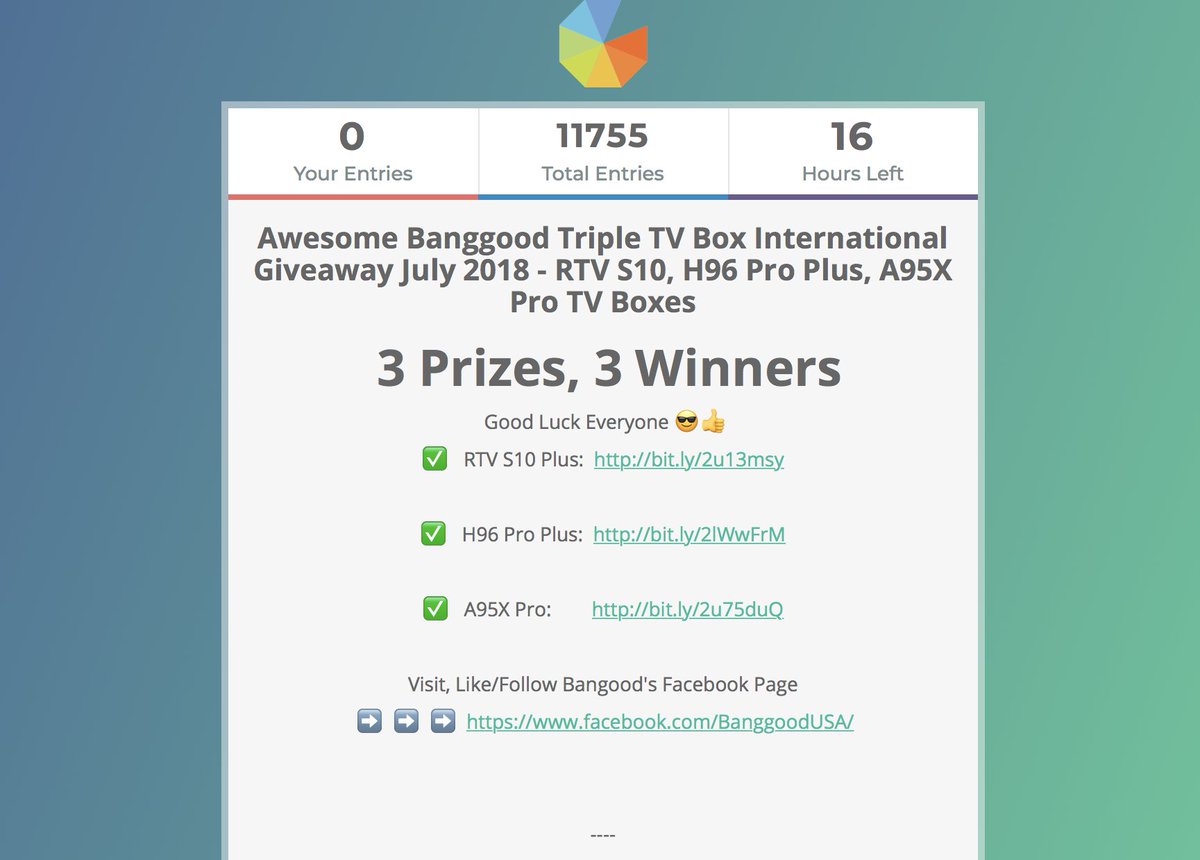 ChigzTechReview's tweet photo. GIVEAWAY: 16 HOURS LEFT
Awesome Banggood Triple TV Box Giveaway July 2018 - 
WIN: RTV S10, H96 Pro Plus 
Gleam Link:  https://t.co/CPHGfWAe0w 
Giveaway Video: https://t.co/eQYXD8zp0H  
--- 
#Giveaway #Giveaways #Bangood @banggood #AndroidTVBoxes https://t.co/bzlmcJJLoT