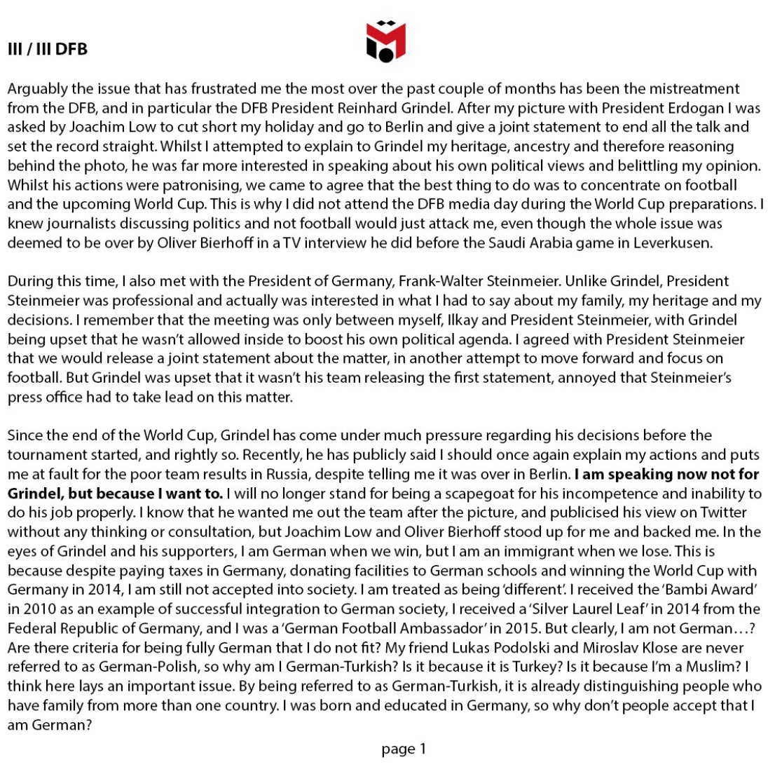 PDChina's tweet photo. “I am German when we win, an immigrant when we lose”: Mesut Ozil quits Germany’s national soccer team, citing “racism and disrespect” due to his Turkish roots. https://t.co/SDqFhYnX5H