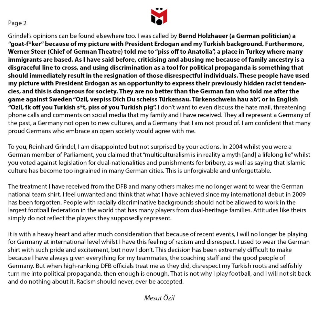 PDChina's tweet photo. “I am German when we win, an immigrant when we lose”: Mesut Ozil quits Germany’s national soccer team, citing “racism and disrespect” due to his Turkish roots. https://t.co/SDqFhYnX5H