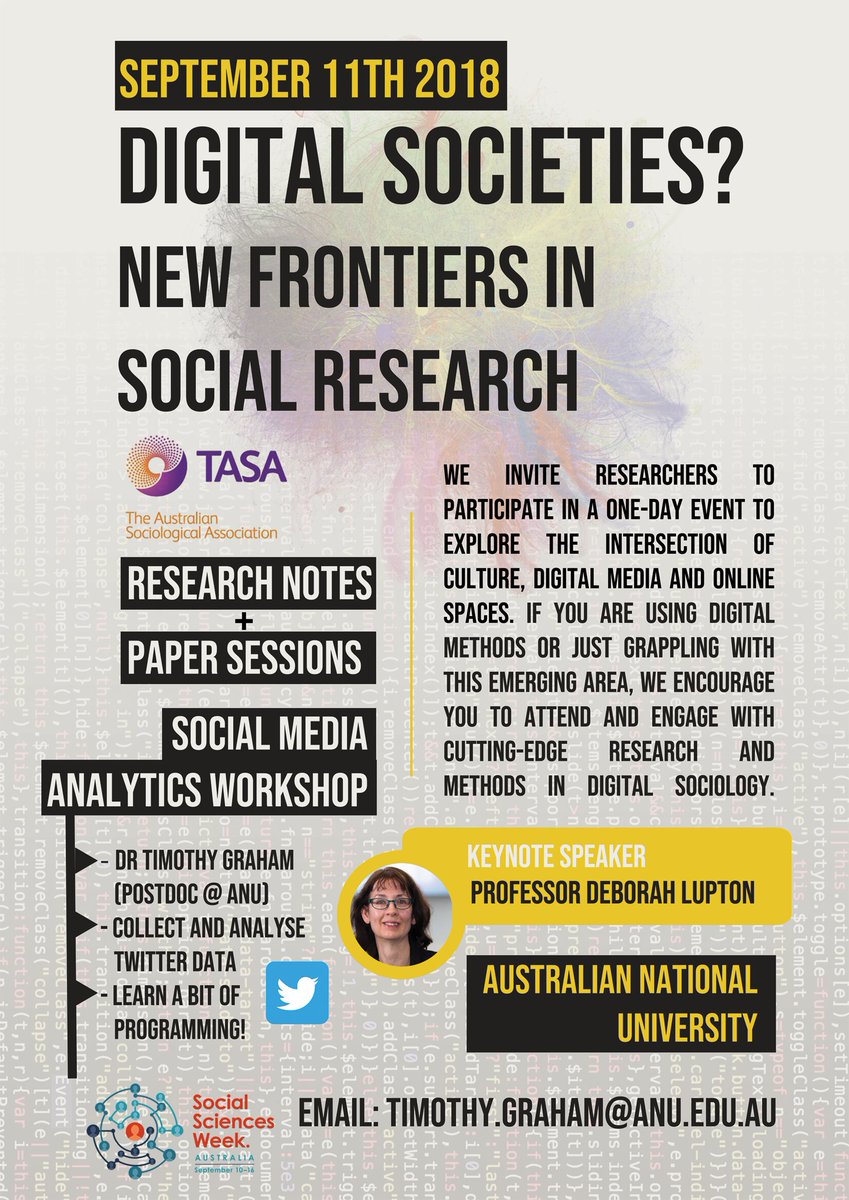 Hey! Have you thought of coming along to our #digitalsocieties symposium at ANU in September? Check out our cfp! Works in progress and research notes all welcome.
