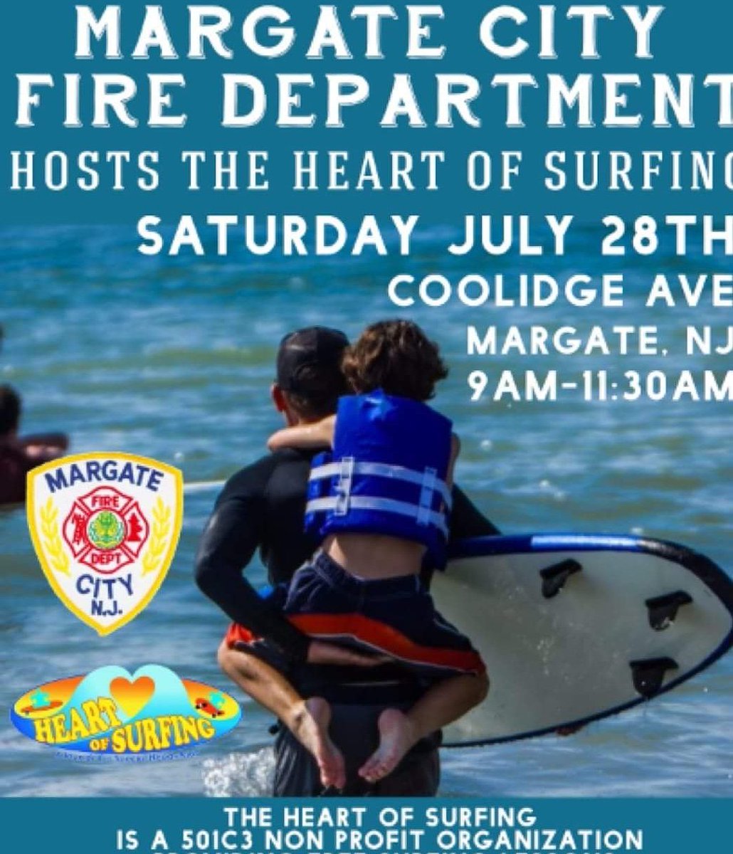 cindyfertsch's tweet photo. 💥THIS SATURDAY Heart of Surfing IS IN MARGATE!!!!💥 Coolidge Ave 9-11:30 All families special needs welcome! The Margate City Fire Dept treated us to one of the most AMAZING days EVER last summer!!❤🏄‍♀️🏄‍♂️🤙 Check out this video clip  https://t.co/mgfHj1HoZC https://t.co/uiy0WrTBxh