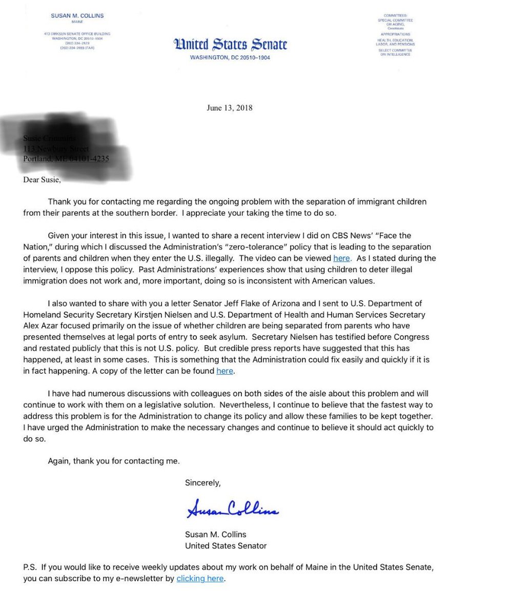 CollinsWatch's tweet photo. 39 days ago Susan Collins tells a constituents she's working on a bill to deal with family separation. Still nothing. #mepolitics https://t.co/xKyeDEq97t