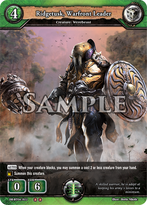 Dragoborne's tweet photo. #COTD #Dragoborne

Card Name: Ridgetusk, Warfront Leader
Color: Green
Appears in: DB-BT04 [Surge of Titans]
Rarity: U
https://t.co/IJ1V51zULk https://t.co/aYS2XS9RTP