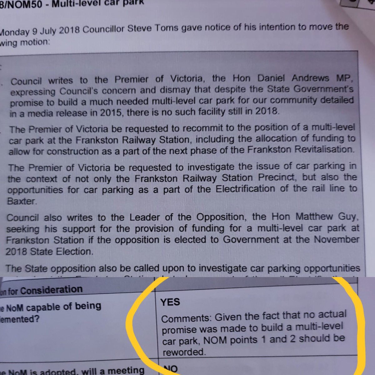 paul4frankston's tweet photo. If you ever wondered why a government monitor is in place at @FrankstonCity read on:
1. A Cr moves a motion based on an imaginary promise made by Govt.
2. Council officer’s advice starts with ‘given that no actual promise was made...’
#why #thisshouldnotbenormal https://t.co/o640P4QGWS