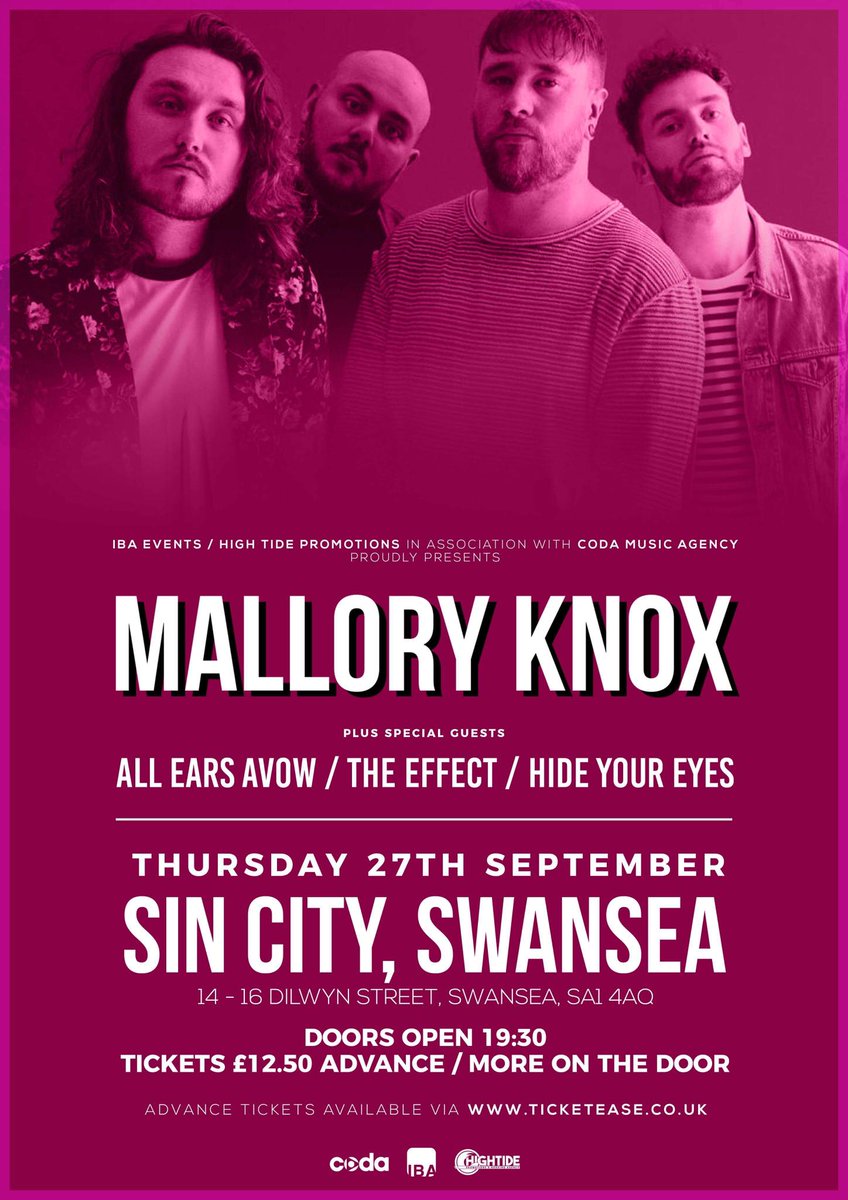 📢 JUST ANNOUNCED!! 📢

<a href="/MalloryKnoxband/">Mallory Knox</a> play <a href="/SinCitySwansea/">Sin City Swansea</a> on 27th September with support from <a href="/AEAOfficial/">All Ears Avow</a> <a href="/TheEffectUK/">The Effect</a> &amp; <a href="/HYEBand/">Hide Your Eyes</a> 

Tickets available from Friday | #SwanseaMusic