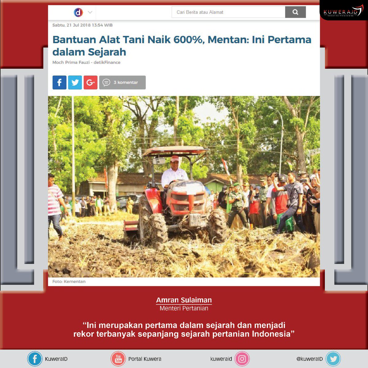 Della_Simangun's tweet photo. Pemerintah menggiatkan 'Program Pengembangan Pertanian Modern' melalui bantuan alat dan mesin pertanian (alsintan) modern kepada petani.
#kuwera 
#2019TetapJokowi 
#SemuaT3T4PJokowi2019 https://t.co/0DILNhI0es