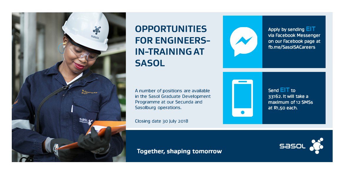 SasolSA's tweet photo. A number of positions are available in the Sasol Graduate Development Programme at our Secunda and Sasolburg operations. Our Programme is based on a 3-year rotational training period, in both the operations and technology environment. Details https://t.co/KaO1ZG98or https://t.co/pfr9wrUz4m