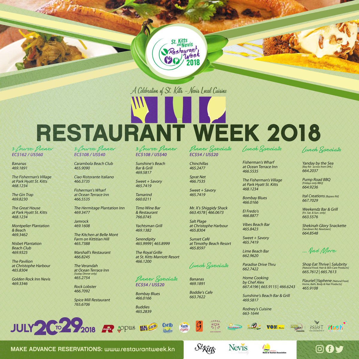 Full list of #SKNRestaurantWeek participating restaurants July 20-29! Please share with guests  @OceanTerraceInn @TimothyBeachRes @StKittsMarriott @KittitianHillSK @ParkHyattSKB @ChristopheHrbr @FSNevis @MontpelierNevis @Nisbet_Nevis @HermitageNevis @GoldenRockNevis @OualieBeach