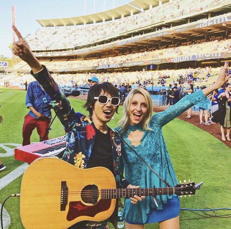 LaylaLaneMusic's tweet photo. Some shots from Japan Night at Dodger Stadium! We got to perform the 🇯🇵 and 🇺🇸 national anthems on the field AND see our gigantic faces on the Jumbotron! 
#japannight #kentamaeda #dodgers #losangeles #baseball #dodgerstadium #jumbotron https://t.co/pm7CRRwg0G
