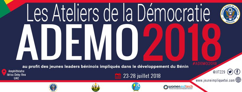 jit229's tweet photo. Chers participants, nous vous informons que les ateliers de la #Democratie se tiendront effectivement du 23 au 28 juillet 2018 à l'amphithéâtre Idriss Déby Itno de l'Universite D'Abomey-Calavi. Rendez-vous pour ce jour à partir de 7h pour la cérémonie de lancement. https://t.co/mZmpPomUFk