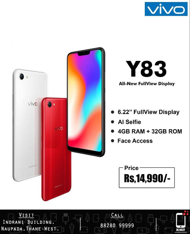JKNextMobiles's tweet photo. The Best In Class Camera Smartphone Featuring Face Unlock. Artificial Intelligence Selfies are a Charm with Y83. Buy the latest #VIVOY83 today. Call 88280 99999. #SmartPhones #Offers #Thane #Accessories https://t.co/hMPdK4VPTr