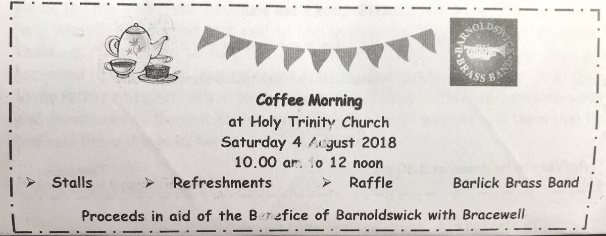 BwickChurchSch's tweet photo. Holy Trinity Church are holding a Coffee Morning on Saturday 4th August 10am to 12 noon ☕️ @BarnoldswickBr1 will be there 🎺 https://t.co/uEtX2uEeVE