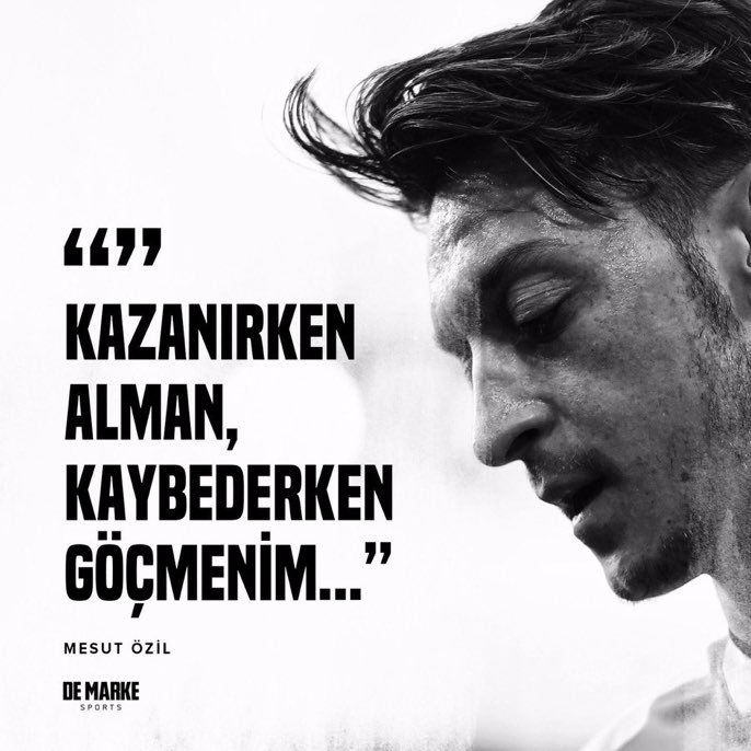 MeltemKozanoglu's tweet photo. Mesut Özil: 

Kazanınca Alman, kaybedince göçmen oluyorum. Arkadaşlarım Podolski ve Klose hiçbir zaman Polonyalı-Alman olarak görülmedi. Ben niye Türk-Alman olarak görüldüm? 

Türkiye olduğu için mi? 

Müslüman olduğum için mi? https://t.co/GFmIrDdG9D