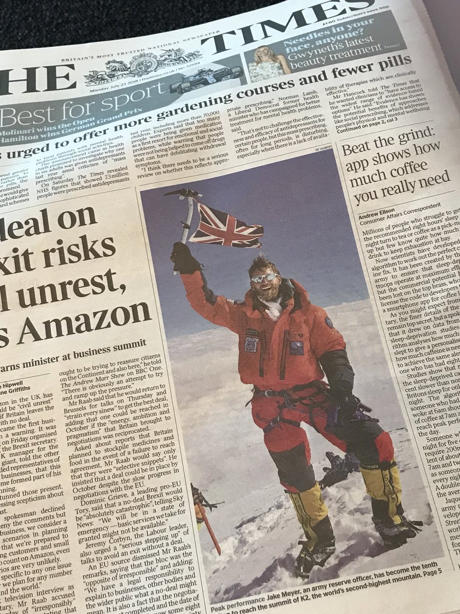 GilesEnglish's tweet photo. Our Jake on the front page of the Times this morning, well done on being the 10th Brit ever to Climb K2 @jakeclimber !! @Bremont https://t.co/PDEXkgTfyb