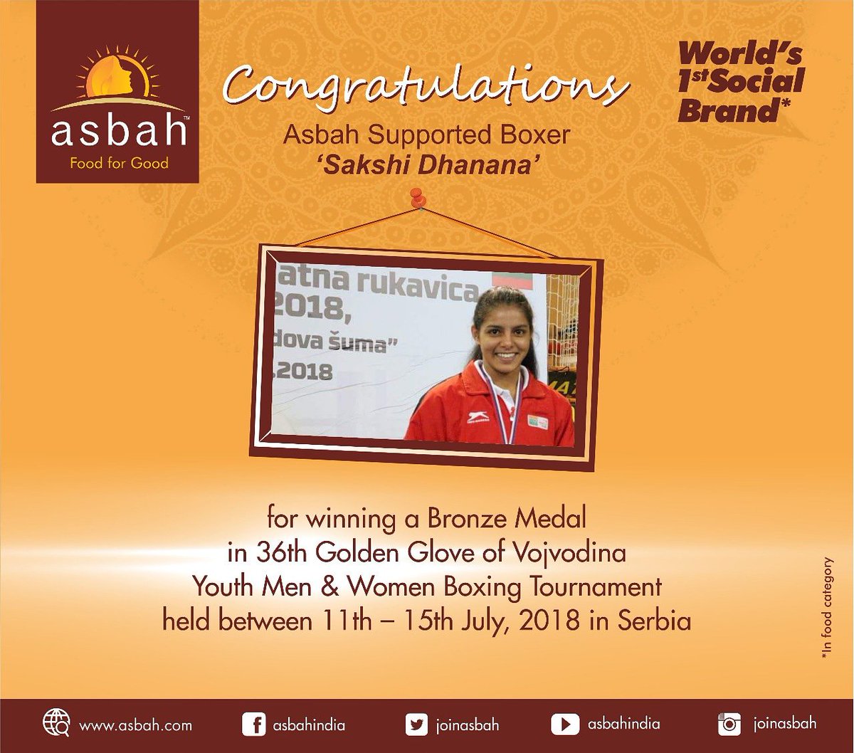 JoinAsbah's tweet photo. Congratulations #Asbah Supported Boxer ‘Sakshi Dhanana’ for winning a #Bronze Medal in 36th Golden Glove of Vojvodina Youth Men &amp; Women Boxing Tournament held during 11th – 15th July in Serbia. #FoodforGood #JointheMovement https://t.co/HhnTJ3K4UY