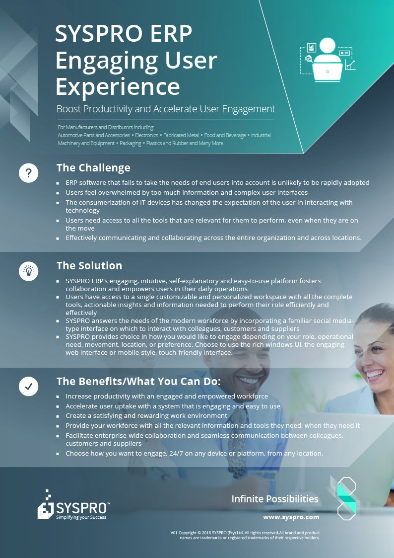 SYSPRO's tweet image. Boost productivity and accelerate user engagement with #SYSPROerp. Collaborate on a platform that’s easy to use, personalized and empowers users in their daily operations #EngagingUserExperience. Download the infographic: hubs.ly/H0d4rBD0