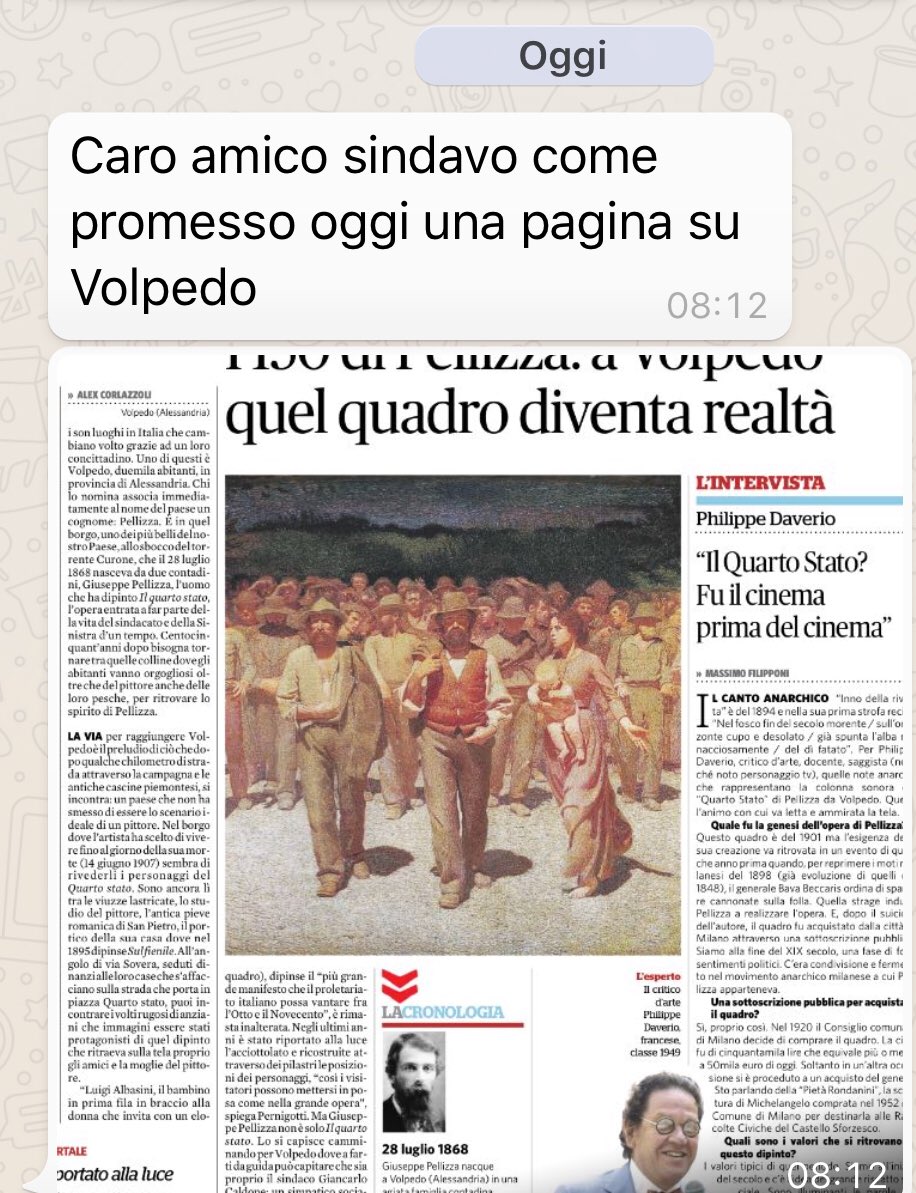GCaldone's tweet photo. Volpedo (Al) Il Paese Del Quarto Stato:Quotidiano Il Fatto di oggi 23 Luglio. #Viva Volpedo Viva #Amiam Volpedo Amiam https://t.co/LsVc6EoD1F