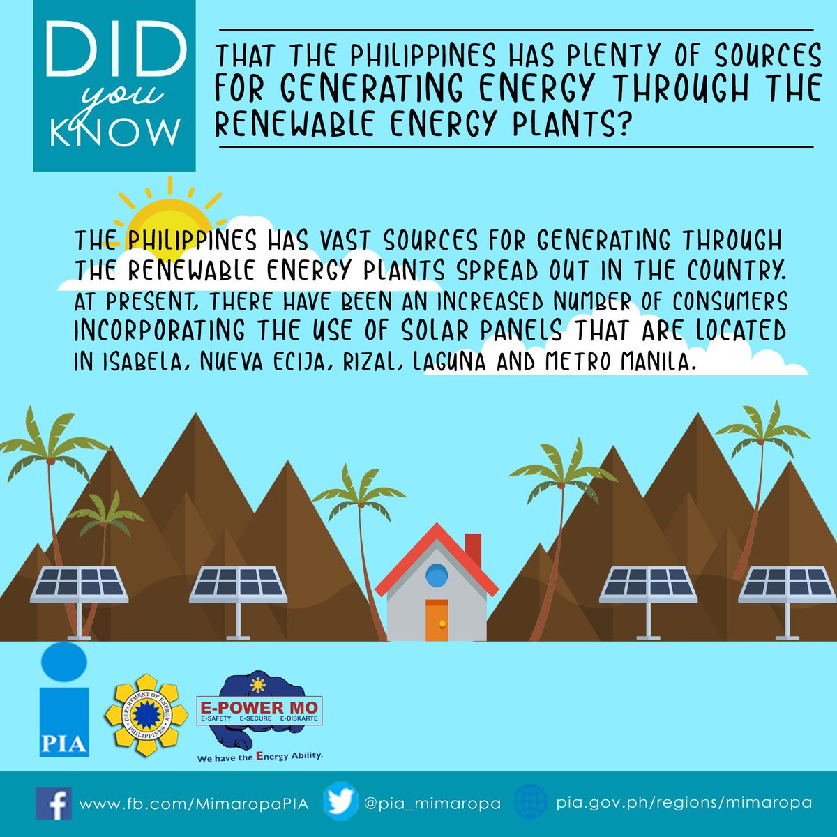 pia_mimaropa's tweet photo. DID YOU KNOW that there are plenty of renewable energy plants here in the Philippines? #EPowerMo #ESafetyMo #ESecureMo #EDiskarteMo https://t.co/UQBEcpIJqf
